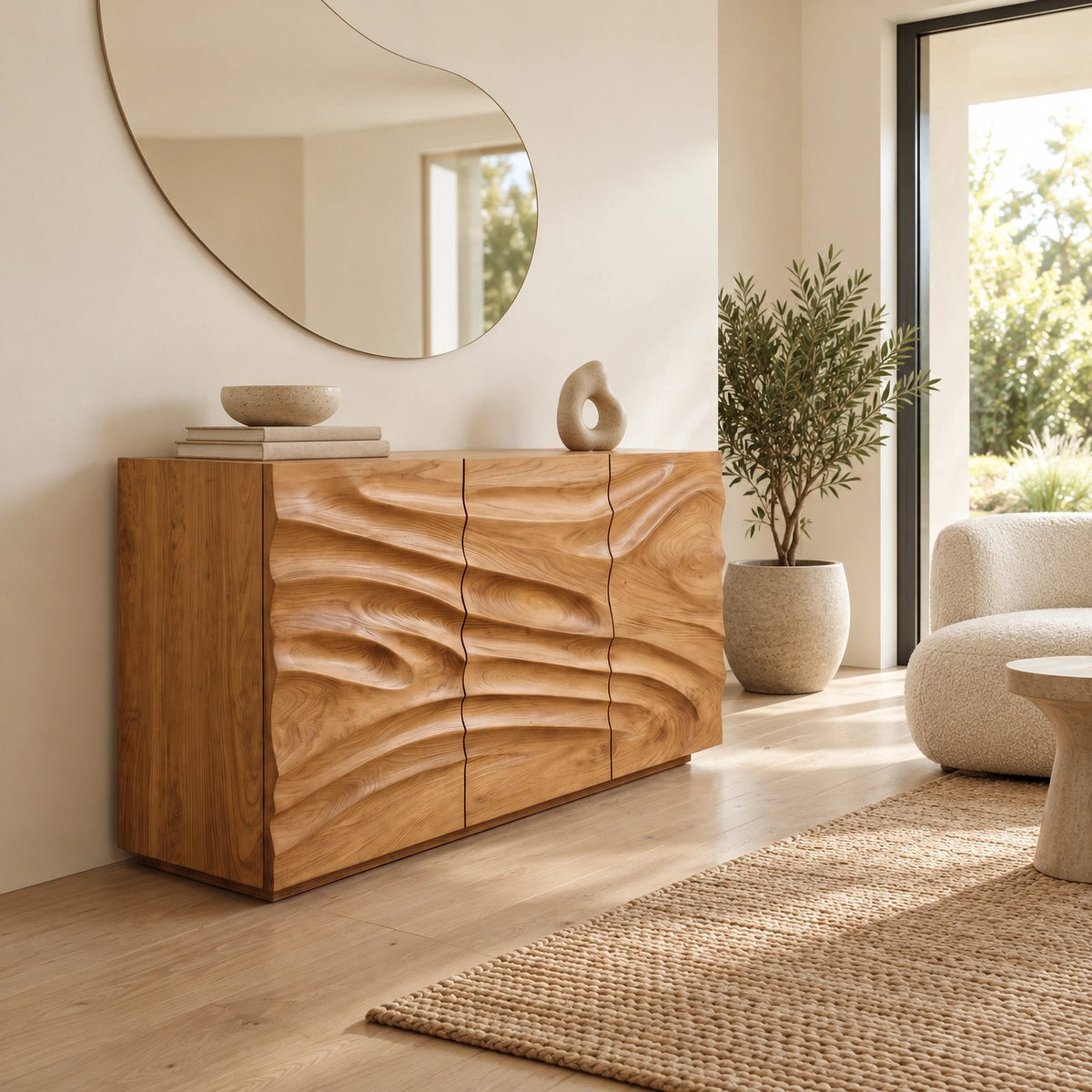 Sculptural Wave Carved Dresser With Three Door Front For Entryway