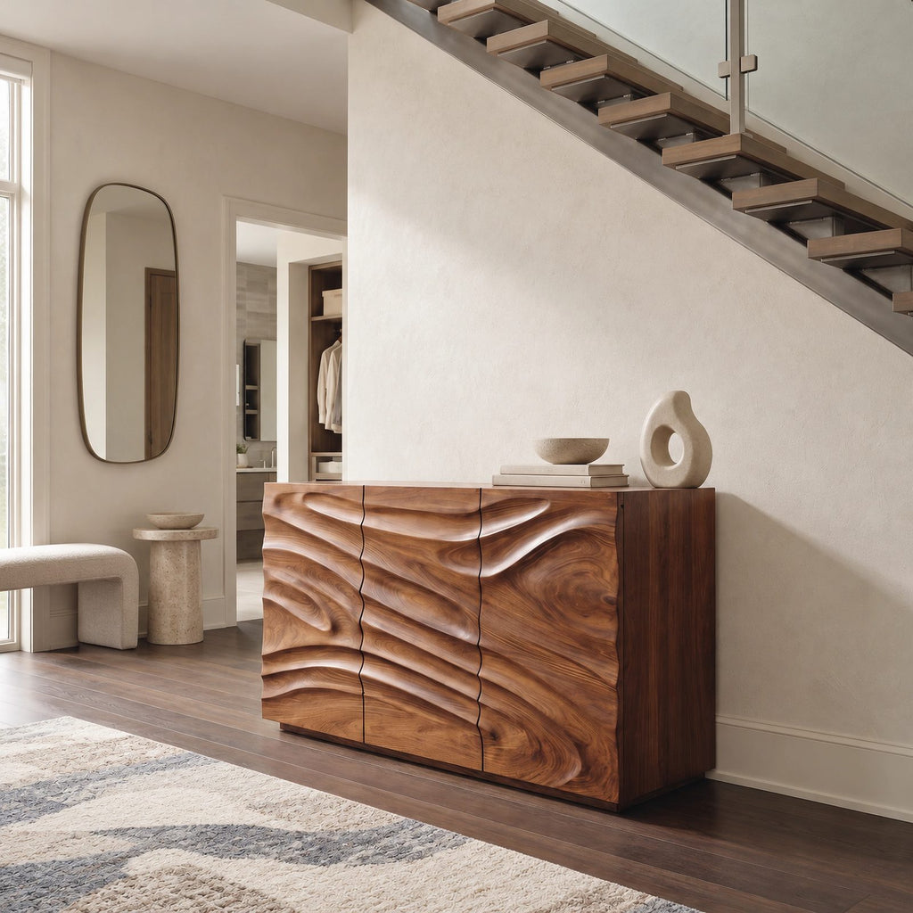 Sculptural Wave Carved Dresser With Three Door Front For Entryway