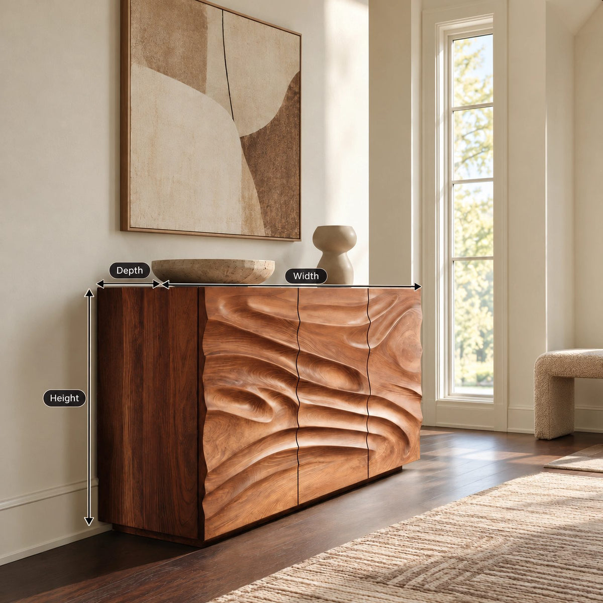 Sculptural Wave Carved Dresser With Three Door Front For Entryway