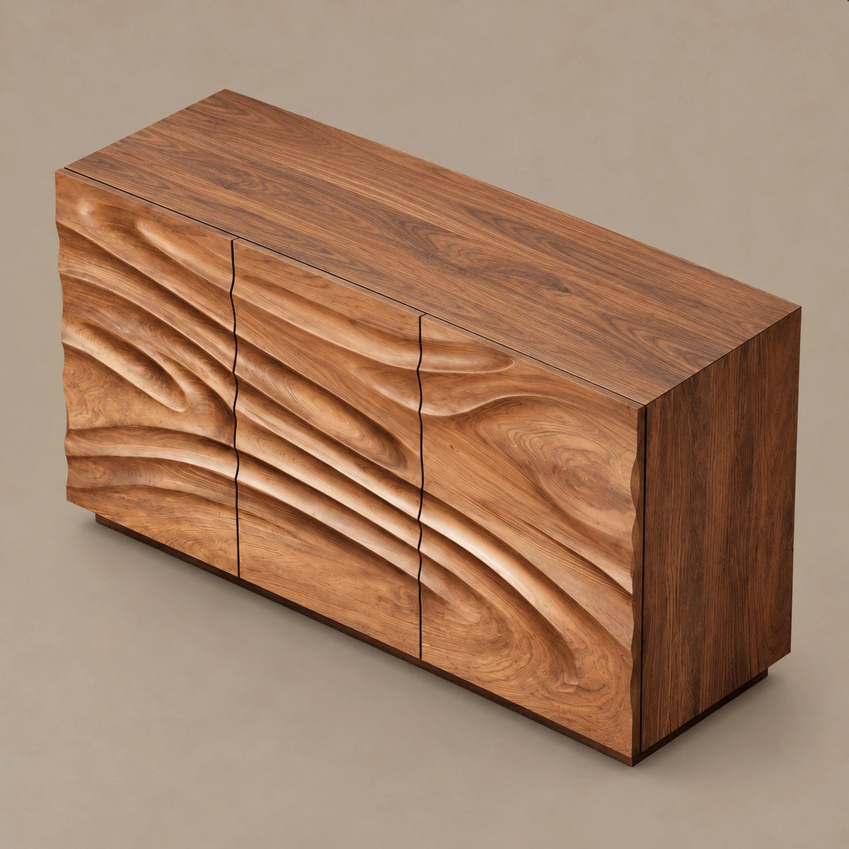 Sculptural Wave Carved Dresser With Three Door Front For Entryway