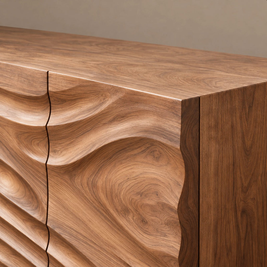 Sculptural Wave Carved Dresser With Three Door Front For Entryway