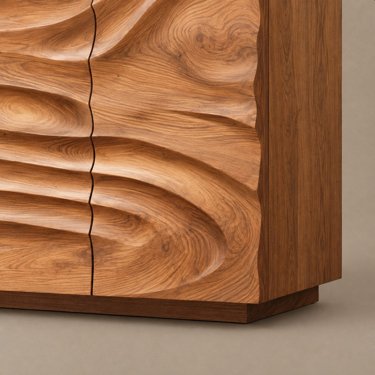 Sculptural Wave Carved Dresser With Three Door Front For Entryway