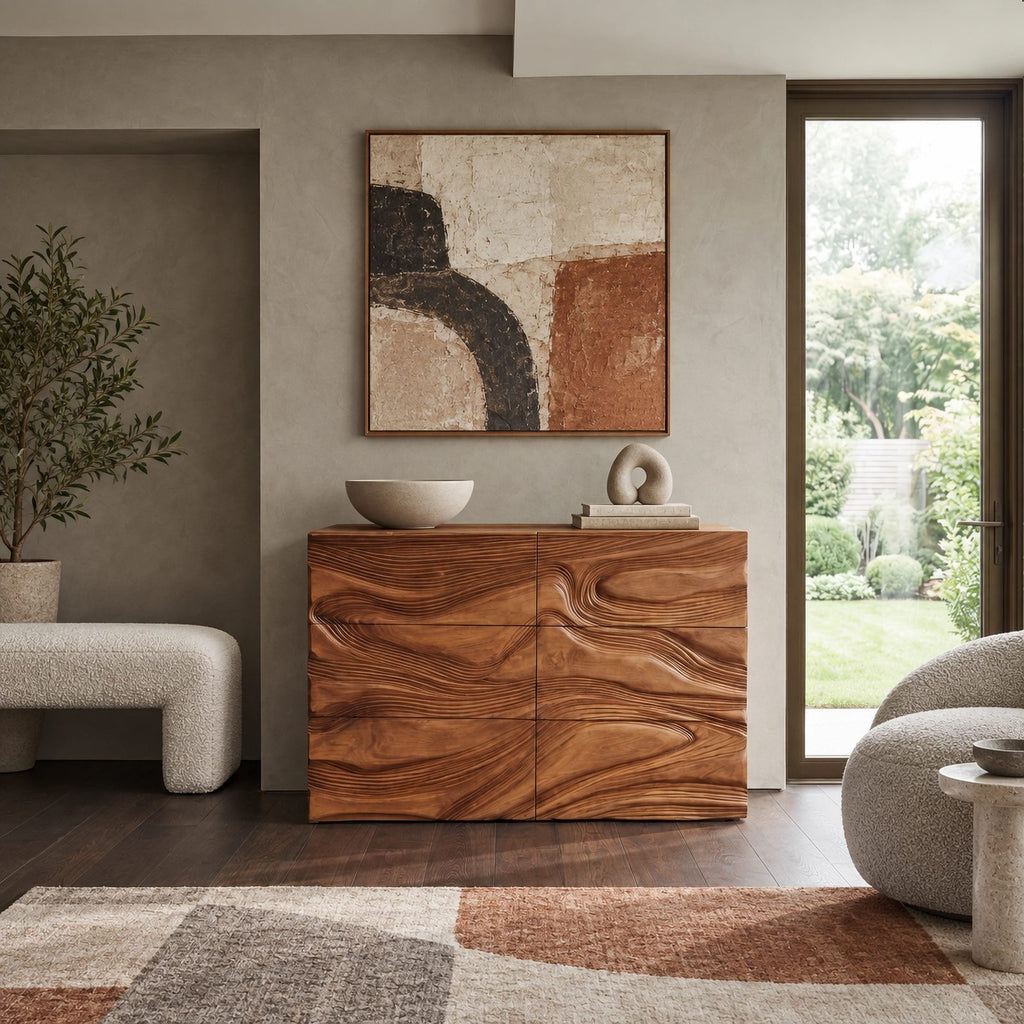 Organic Wave Carved Dresser With Flowing Drawer Fronts For Living Room