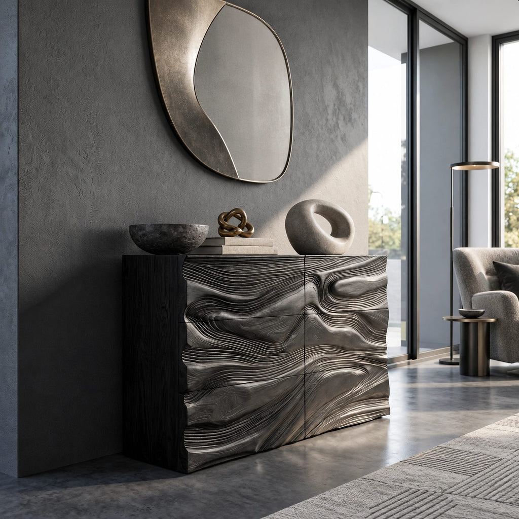 Organic Wave Carved Dresser With Flowing Drawer Fronts For Living Room