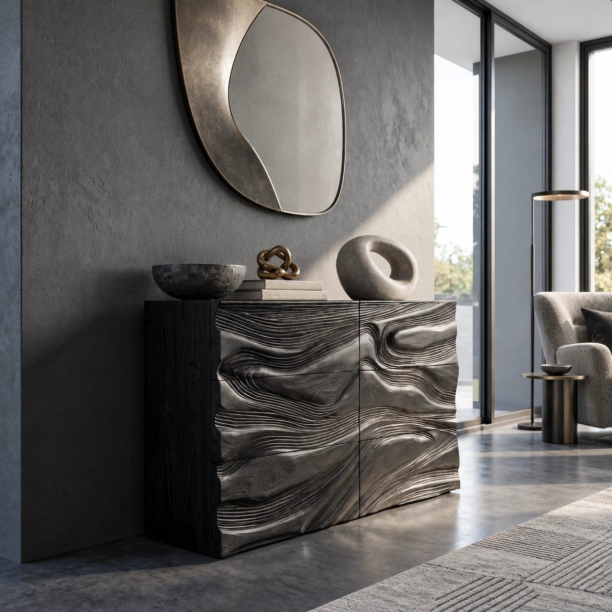 Organic Wave Carved Dresser With Flowing Drawer Fronts For Living Room