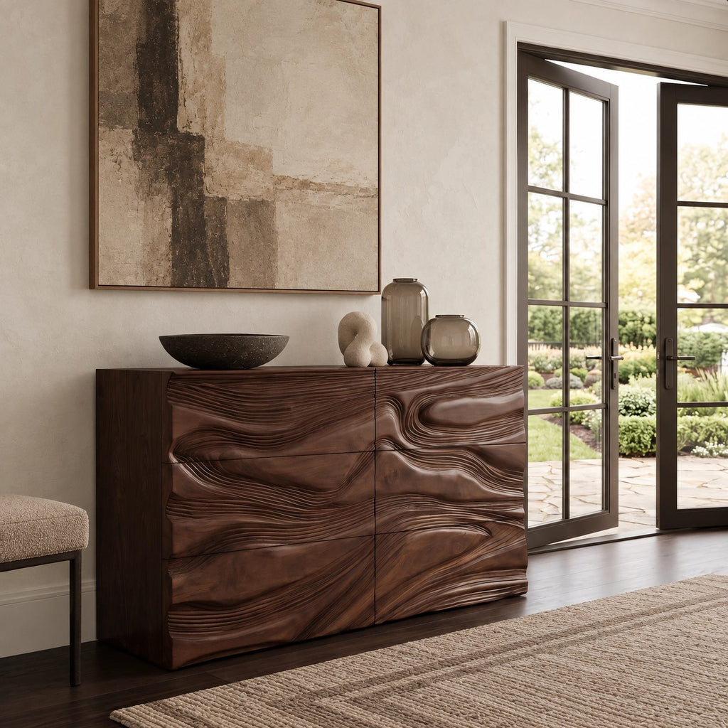 Organic Wave Carved Dresser With Flowing Drawer Fronts For Living Room
