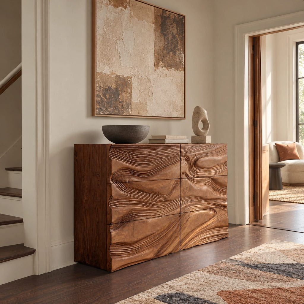 Organic Wave Carved Dresser With Flowing Drawer Fronts For Living Room