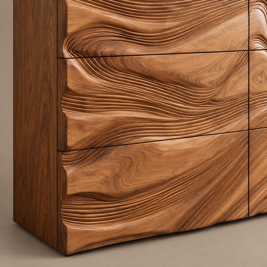 Organic Wave Carved Dresser With Flowing Drawer Fronts For Living Room