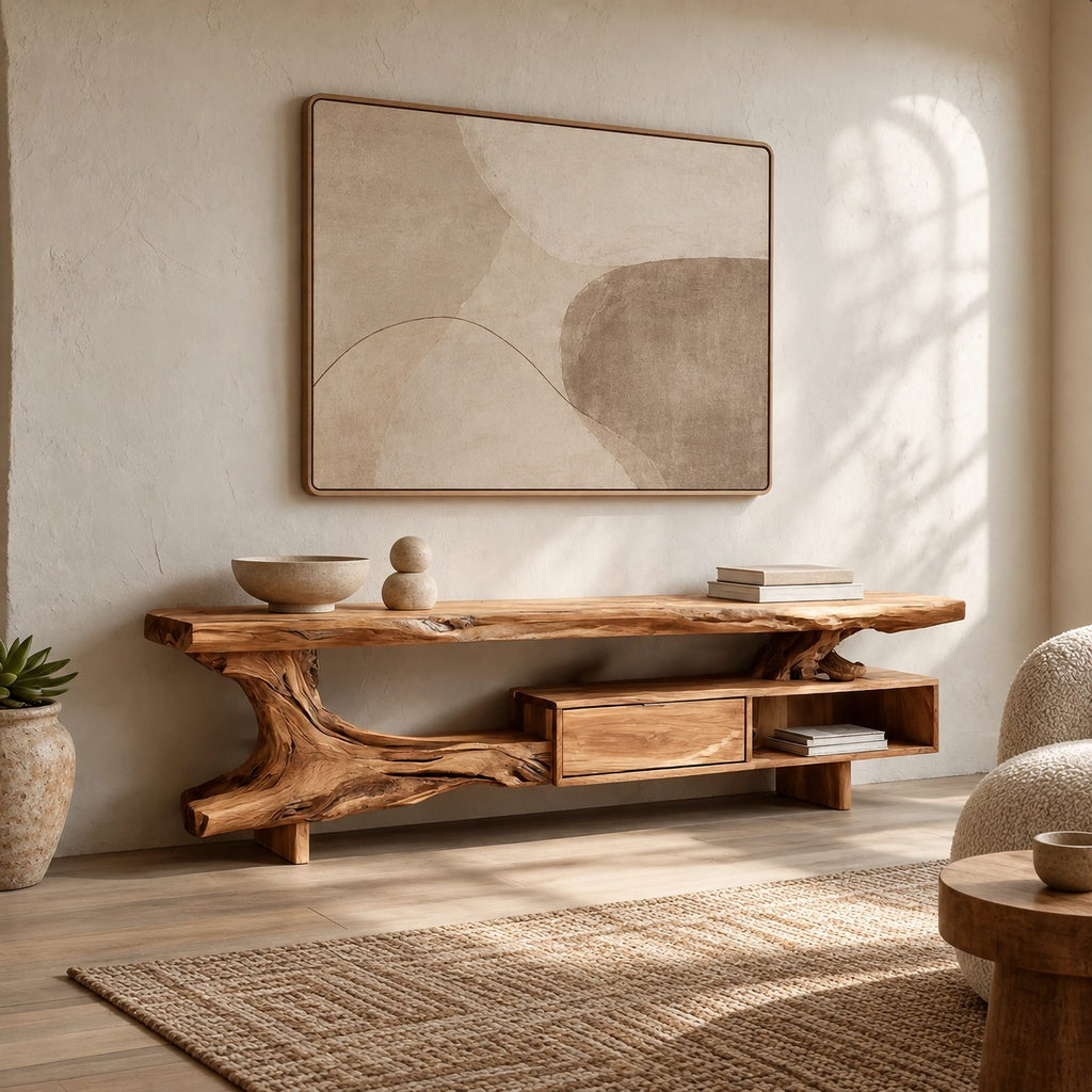 Organic Live Edge TV Console With Root Base Drawer For Living Room