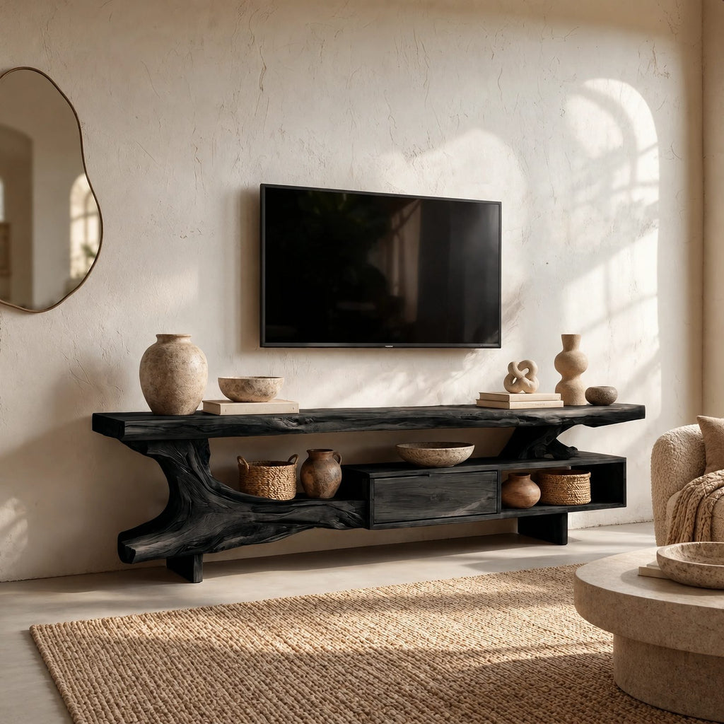 Organic Live Edge TV Console With Root Base Drawer For Living Room