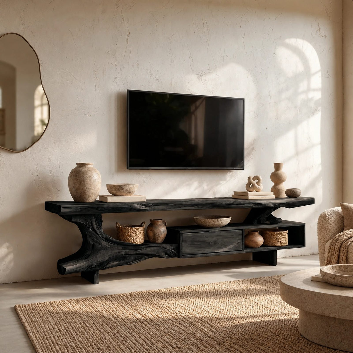 Organic Live Edge TV Console With Root Base Drawer For Living Room