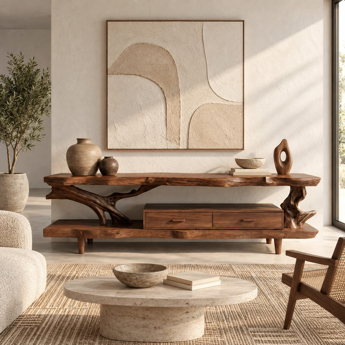 Organic Live Edge TV Console With Root Base Drawer For Living Room