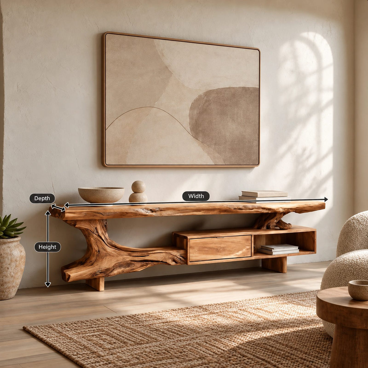 Organic Live Edge TV Console With Root Base Drawer For Living Room