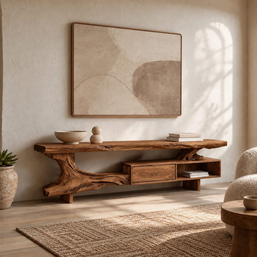 Organic Live Edge TV Console With Root Base Drawer For Living Room