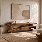 Organic Live Edge TV Console With Root Base Drawer For Living Room