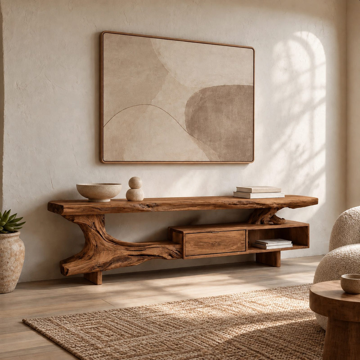 Organic Live Edge TV Console With Root Base Drawer For Living Room