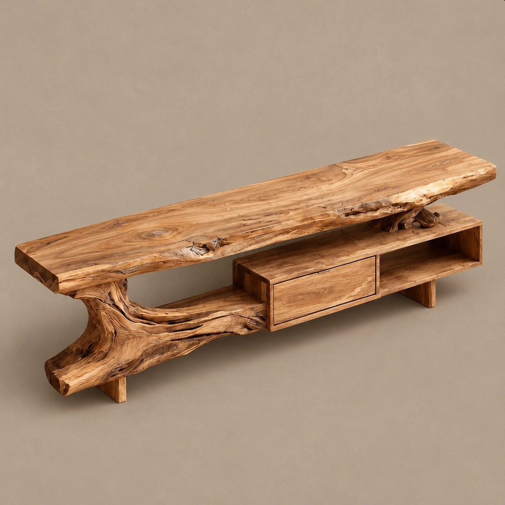 Organic Live Edge TV Console With Root Base Drawer For Living Room