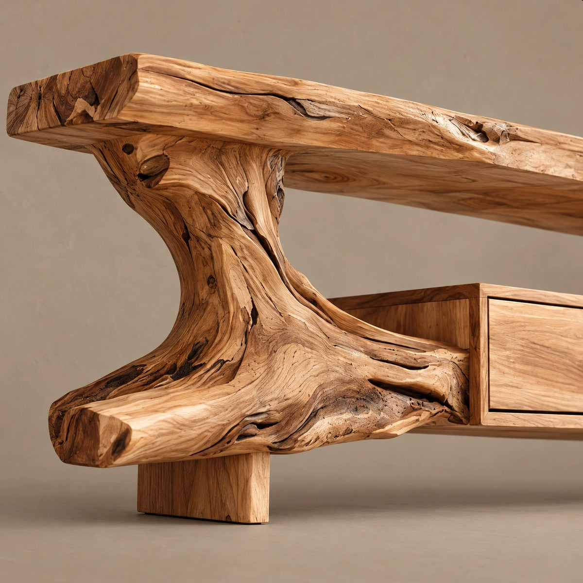 Organic Live Edge TV Console With Root Base Drawer For Living Room