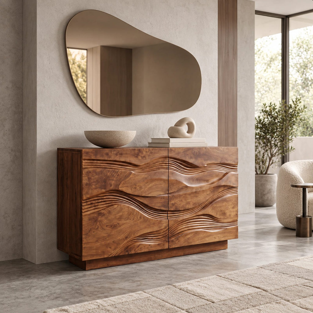 Handcrafted Wave Carved Dresser With Two Door Front For Bedroom