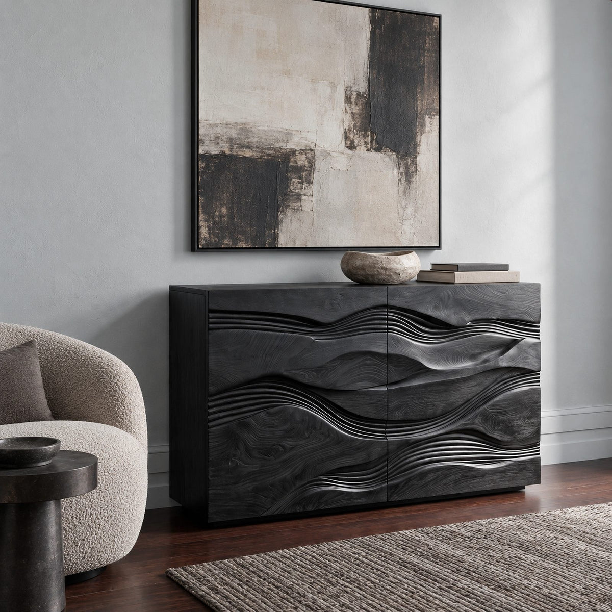 Handcrafted Wave Carved Dresser With Two Door Front For Bedroom