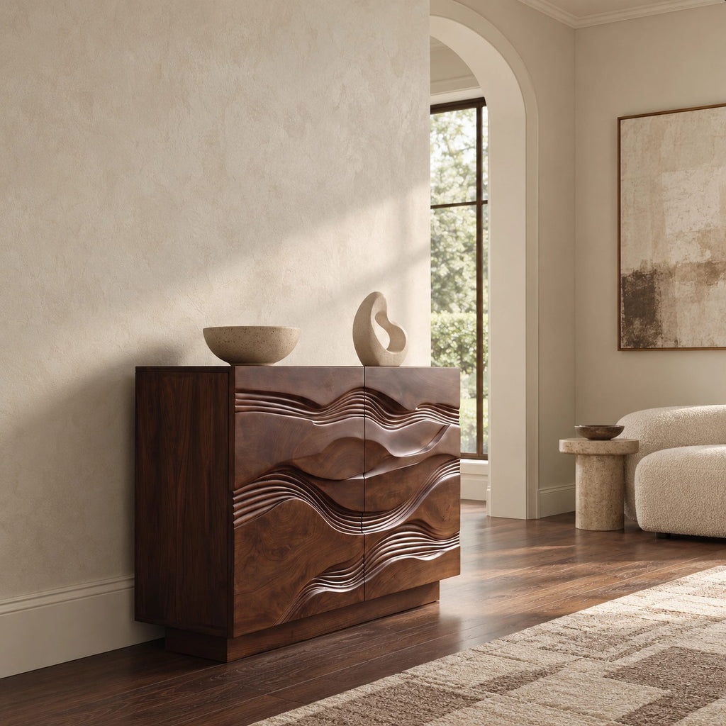 Handcrafted Wave Carved Dresser With Two Door Front For Bedroom