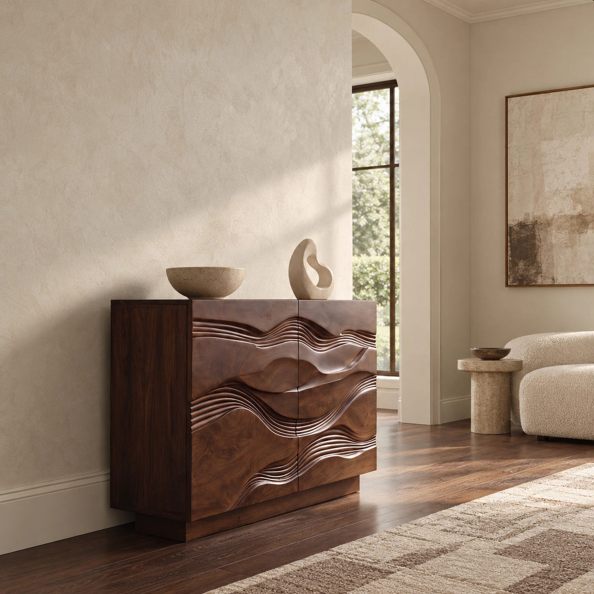 Handcrafted Wave Carved Dresser With Two Door Front For Bedroom
