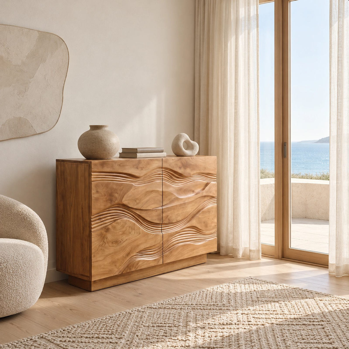 Handcrafted Wave Carved Dresser With Two Door Front For Bedroom