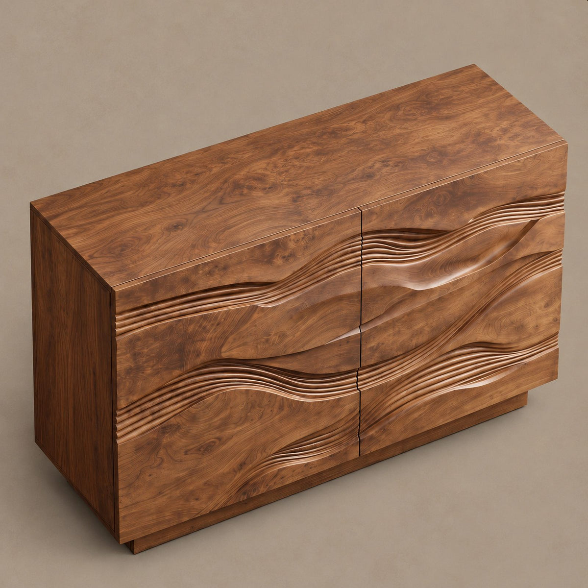 Handcrafted Wave Carved Dresser With Two Door Front For Bedroom