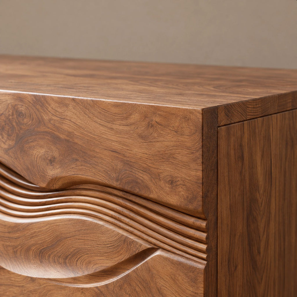 Handcrafted Wave Carved Dresser With Two Door Front For Bedroom