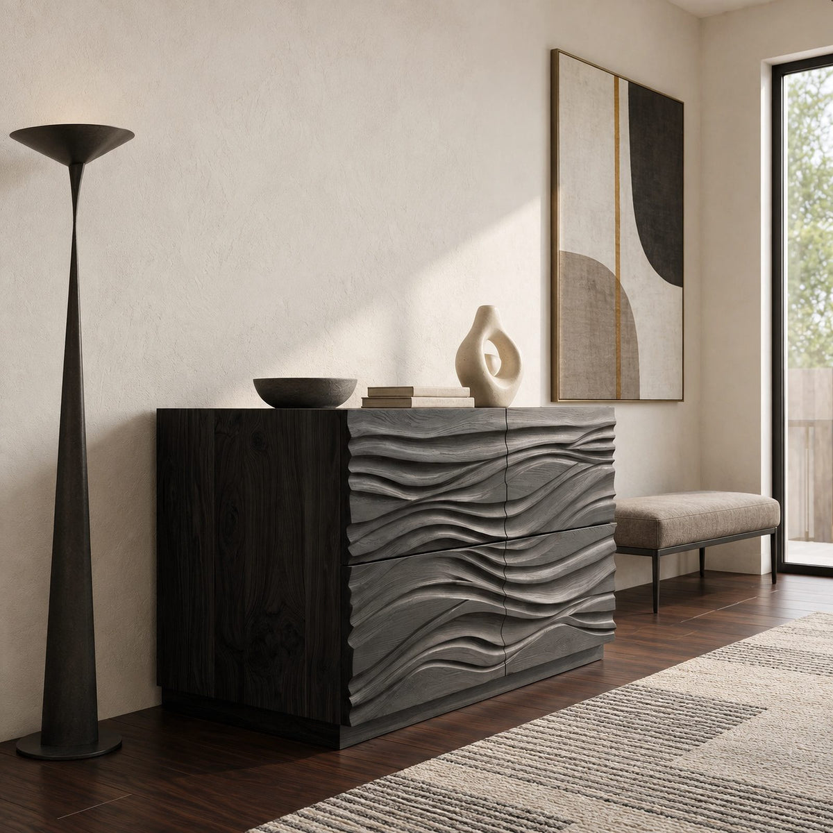 Modern Wave Carved Dresser With Flowing Front For Bedroom