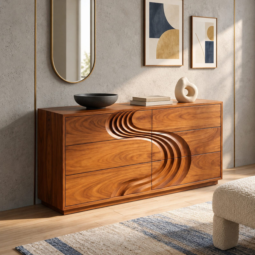 Mid Century Dresser With Sculpted S Curve Front For Bedroom