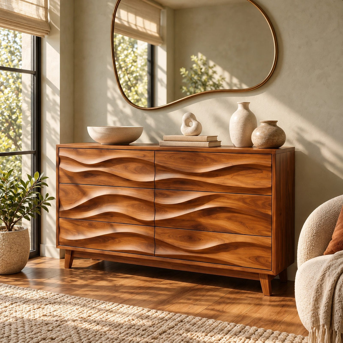 Mid Century Dresser With Wave Carved Drawer Fronts For Bedroom