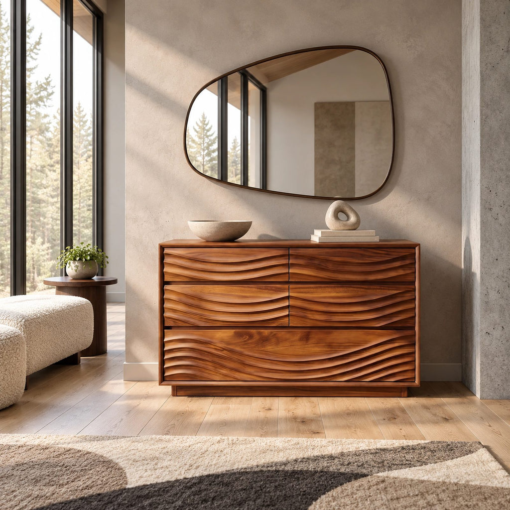 Contemporary Ripple Carved Dresser With Wide Drawer Fronts For Bedroom