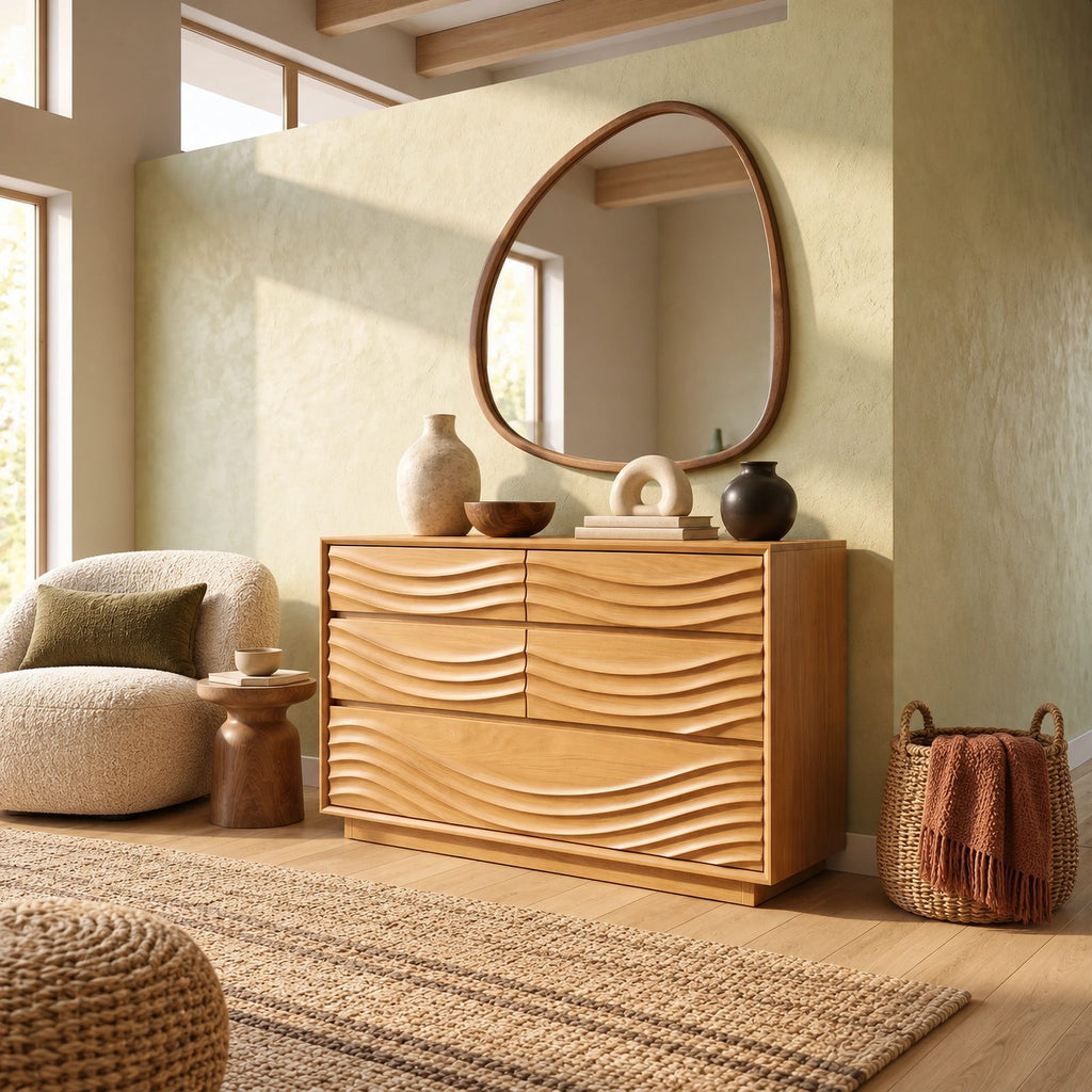 Contemporary Ripple Carved Dresser With Wide Drawer Fronts For Bedroom