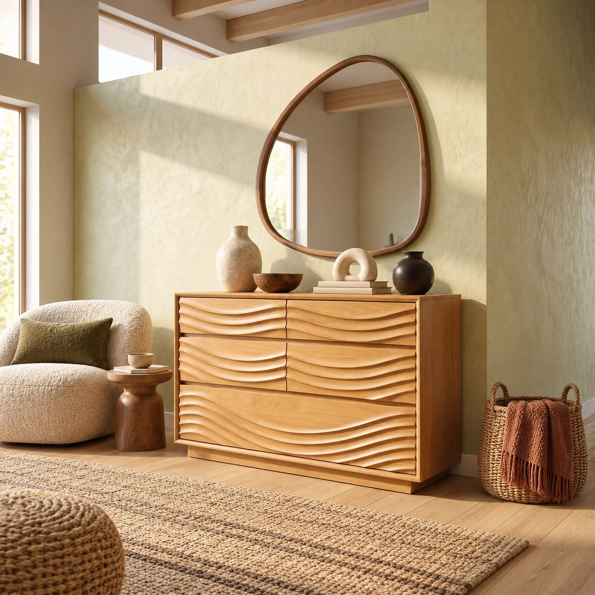 Contemporary Ripple Carved Dresser With Wide Drawer Fronts For Bedroom