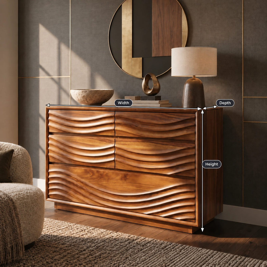 Contemporary Ripple Carved Dresser With Wide Drawer Fronts For Bedroom