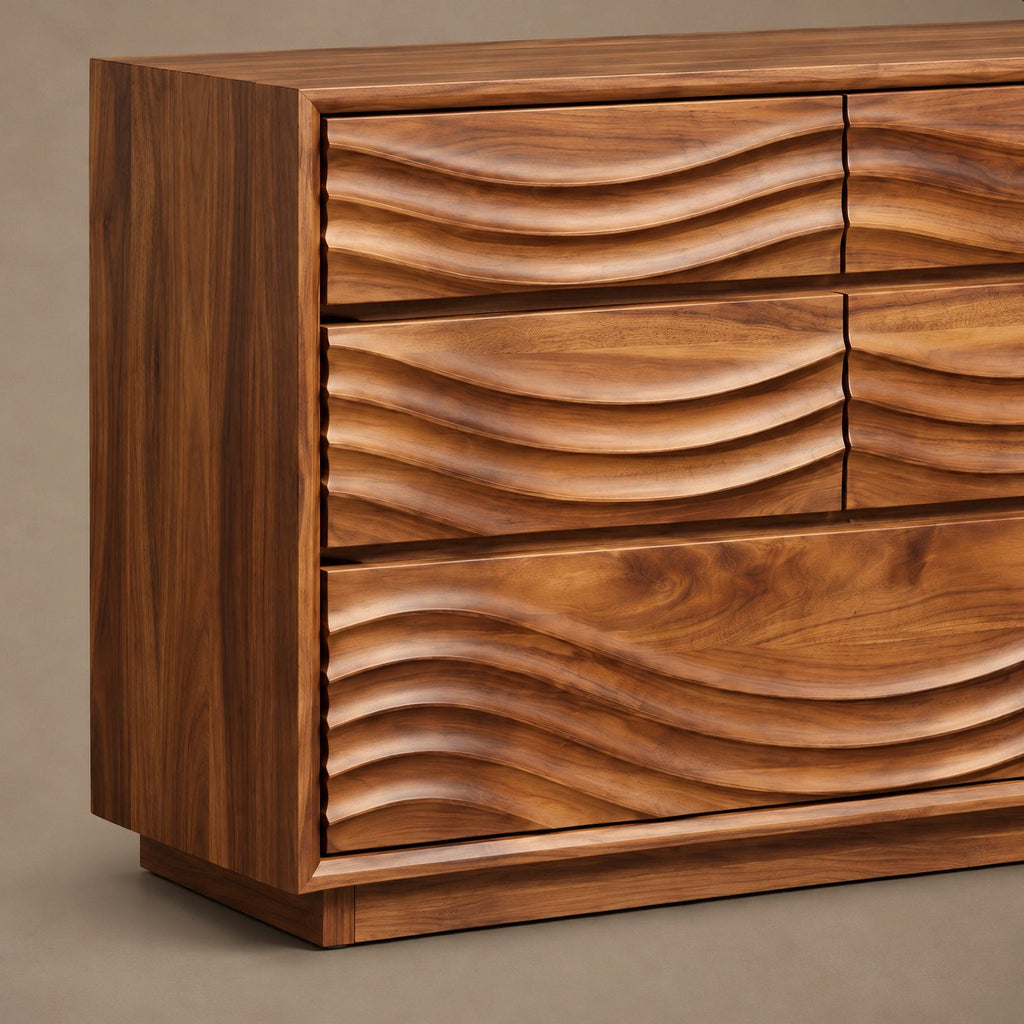 Contemporary Ripple Carved Dresser With Wide Drawer Fronts For Bedroom