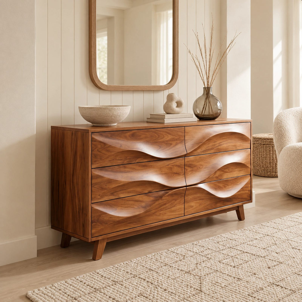 Modern Wave Dresser With Rippled Drawer Panels For Bedroom
