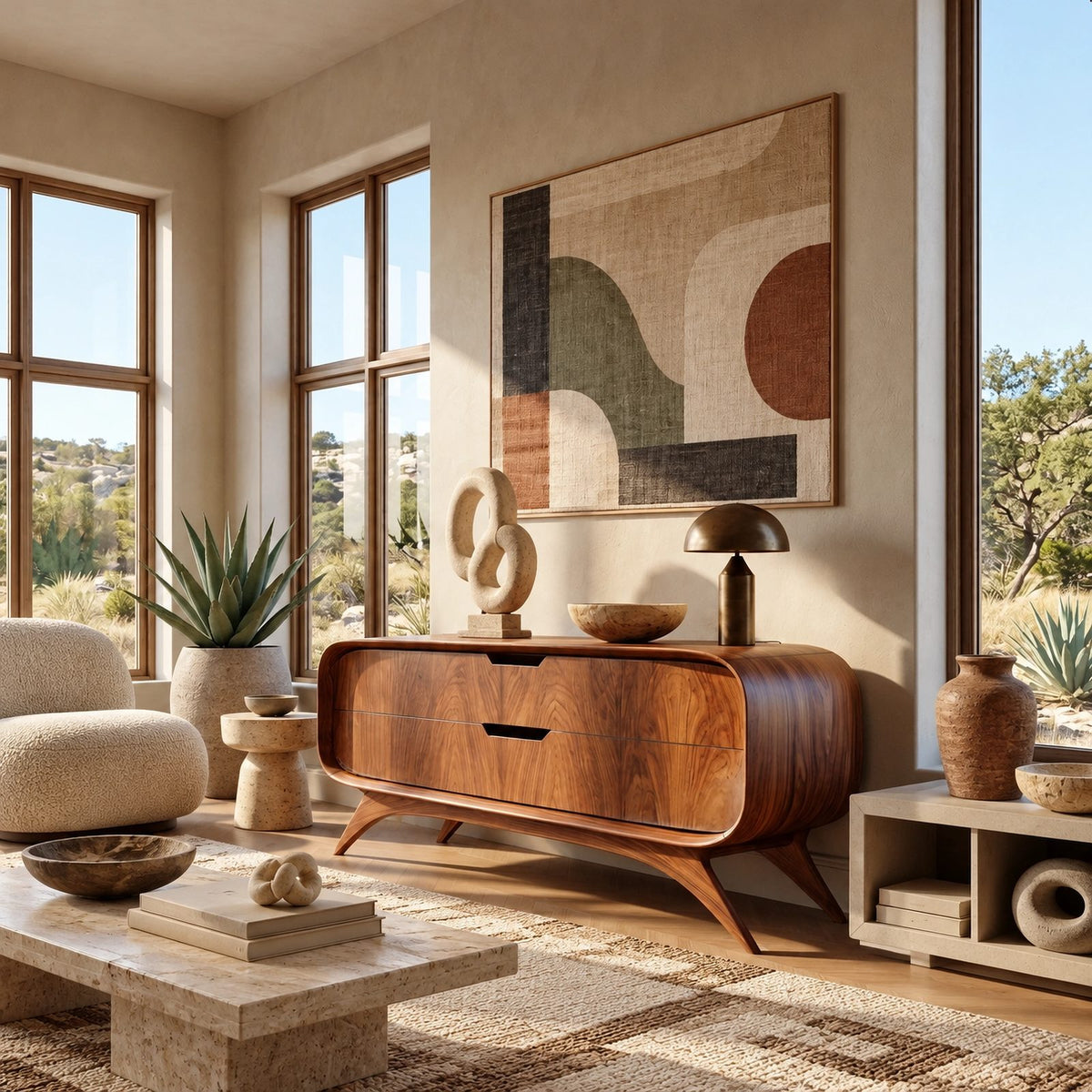 Mid Century Curved Sideboard With Sculptural Legs For Living Room