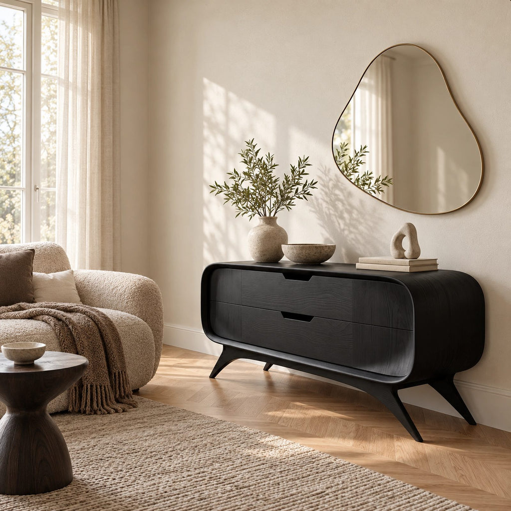 Mid Century Curved Sideboard With Sculptural Legs For Living Room