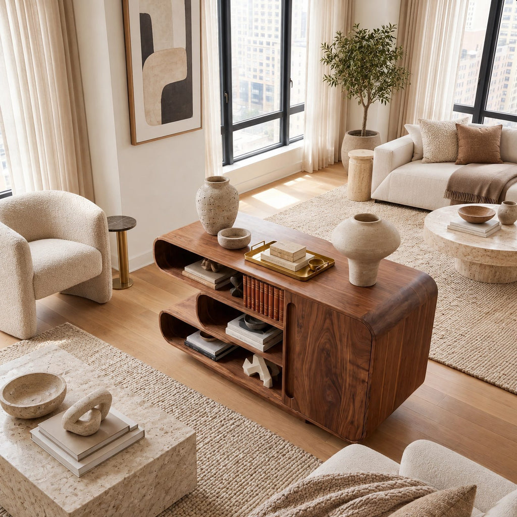 Contemporary Sideboard With Curved Open Shelving For Living Room