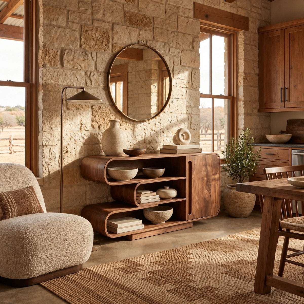 Contemporary Sideboard With Curved Open Shelving For Living Room