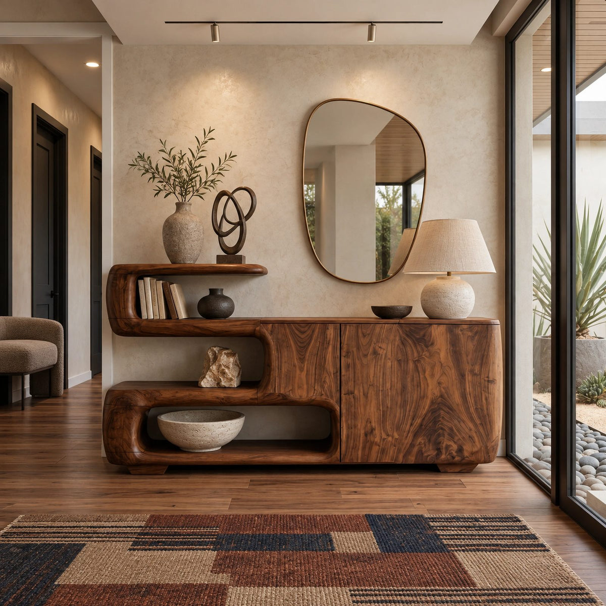 Organic Sculptural Sideboard With Open Shelf And Cabinet For Living Room