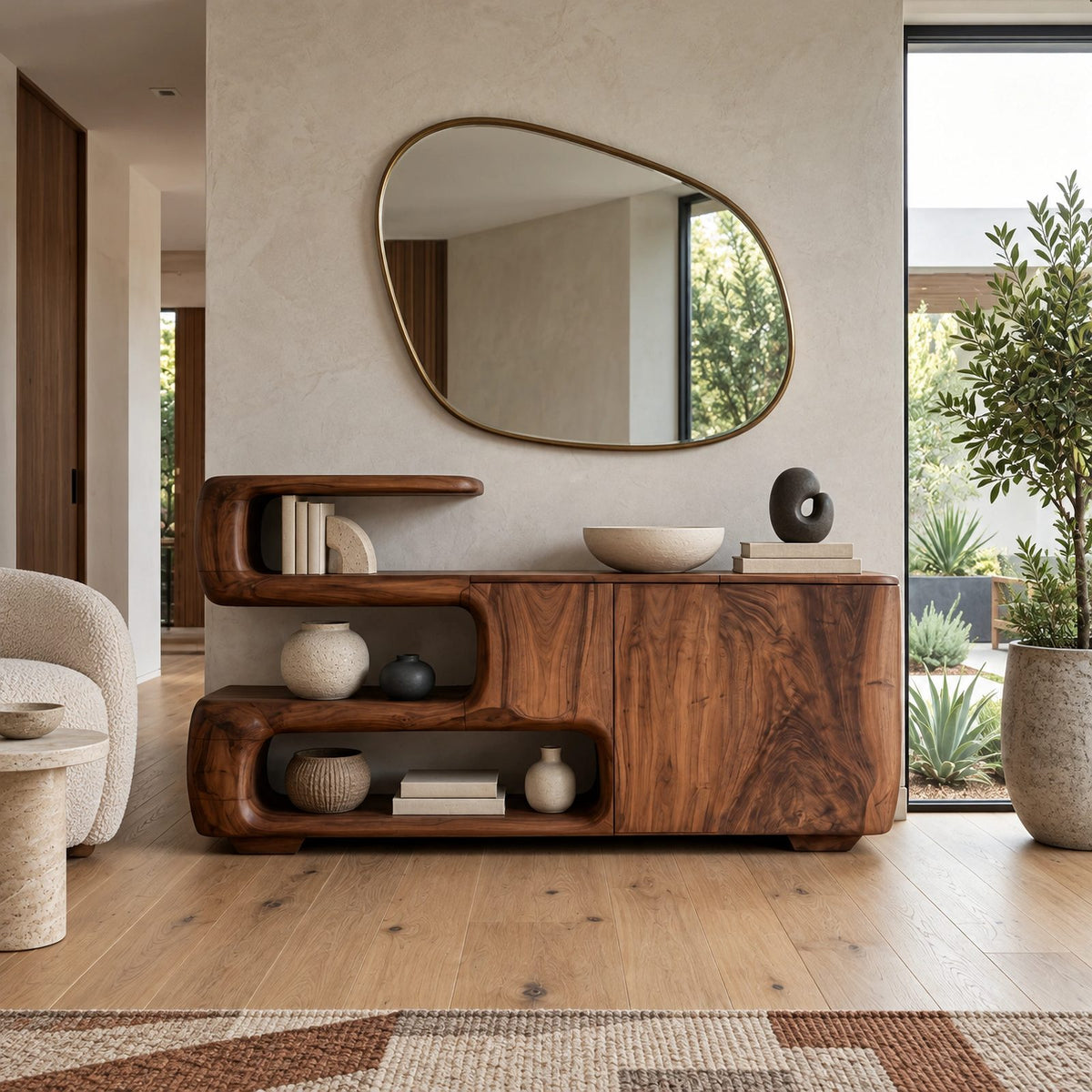 Organic Sculptural Sideboard With Open Shelf And Cabinet For Living Room