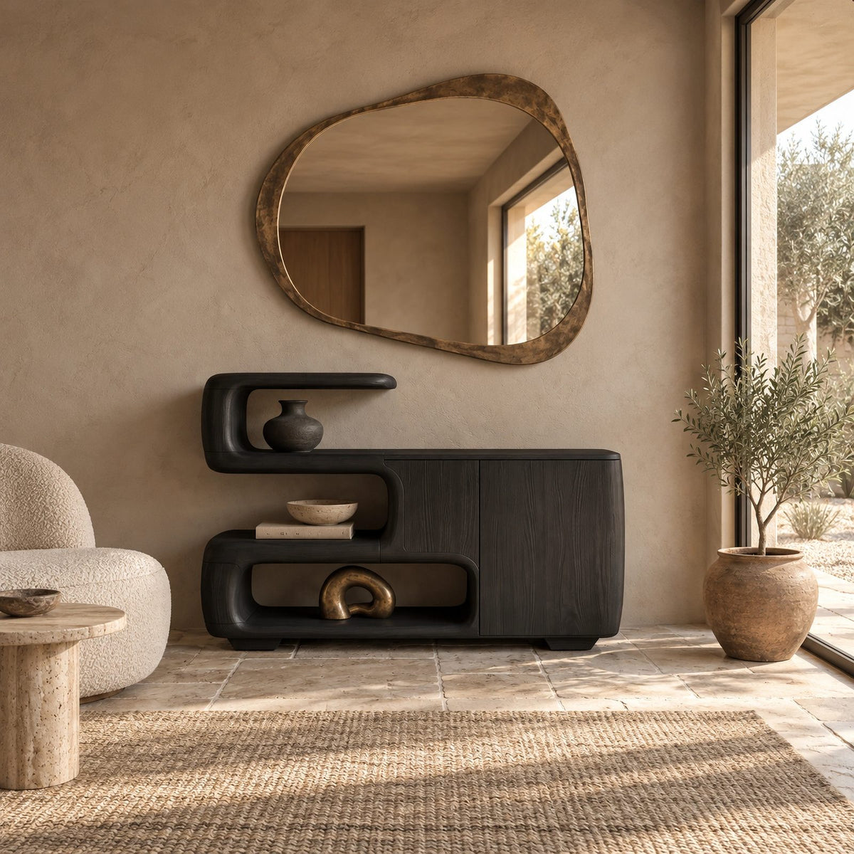 Organic Sculptural Sideboard With Open Shelf And Cabinet For Living Room