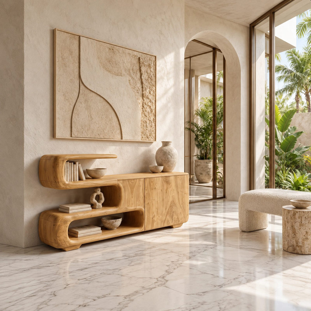 Organic Sculptural Sideboard With Open Shelf And Cabinet For Living Room