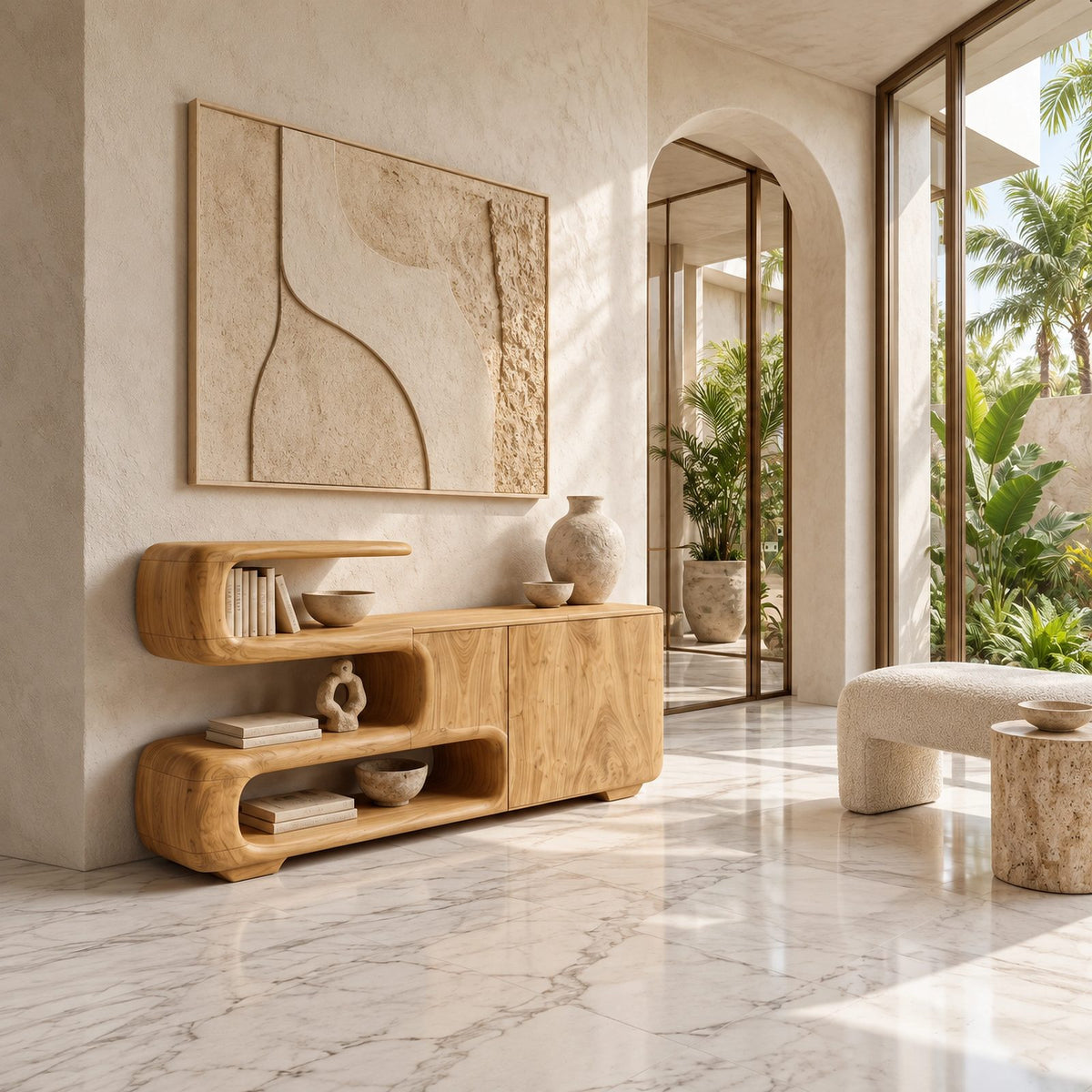 Organic Sculptural Sideboard With Open Shelf And Cabinet For Living Room