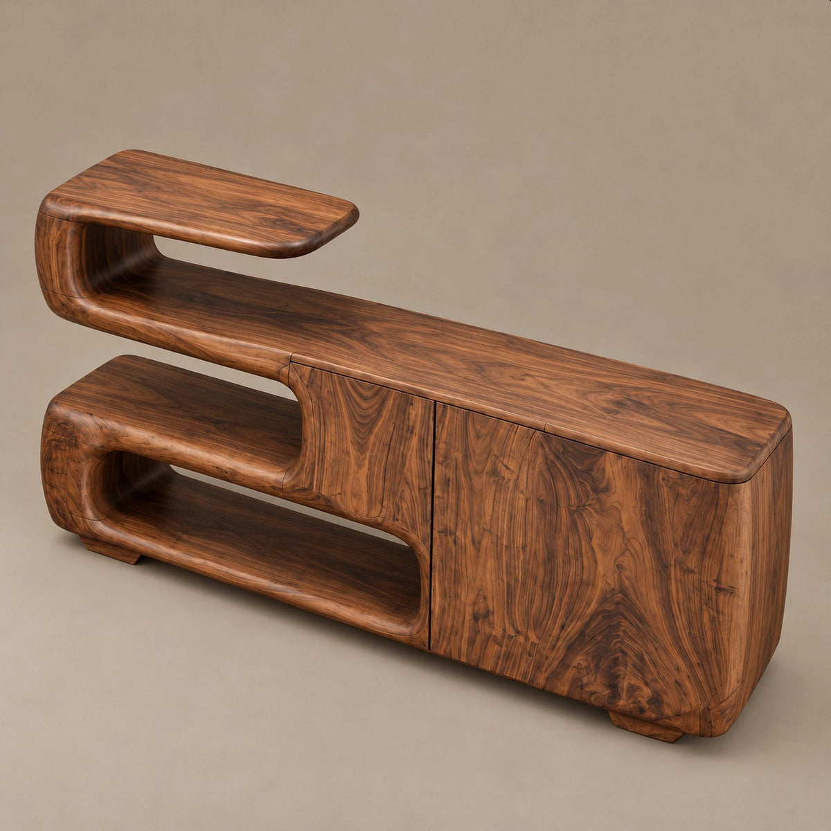 Organic Sculptural Sideboard With Open Shelf And Cabinet For Living Room