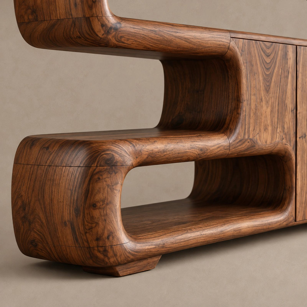 Organic Sculptural Sideboard With Open Shelf And Cabinet For Living Room