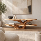 Sculptural Live Edge TV Console With Tree Root Base For Living Room